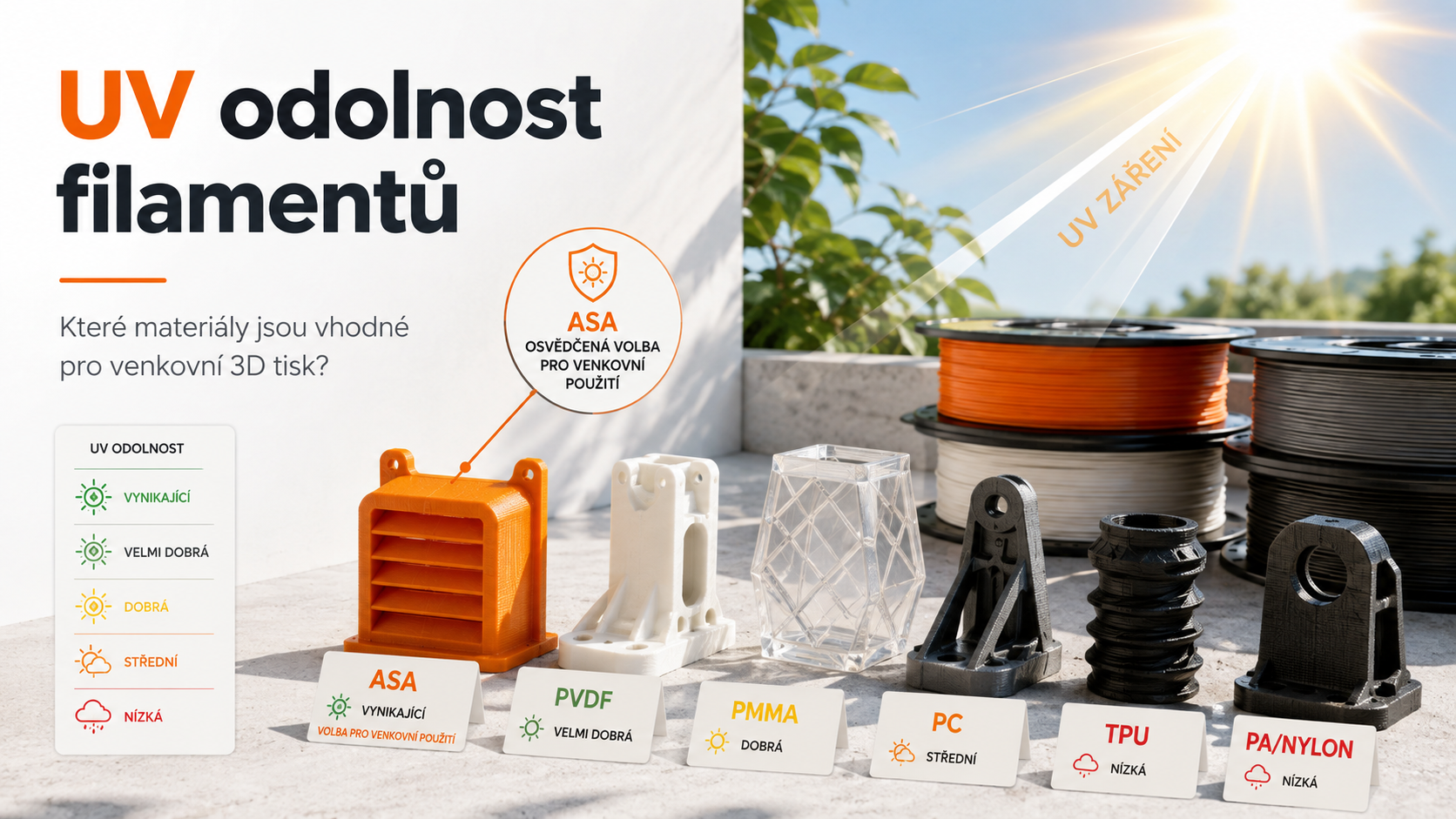 UV odolnost filamentů: které materiály jsou vhodné pro venkovní 3D tisk?