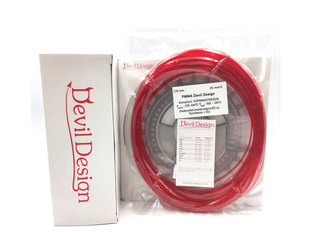 VZOREK 20 METRŮ - PMMA filament červený TR 1,75mm Devil Design