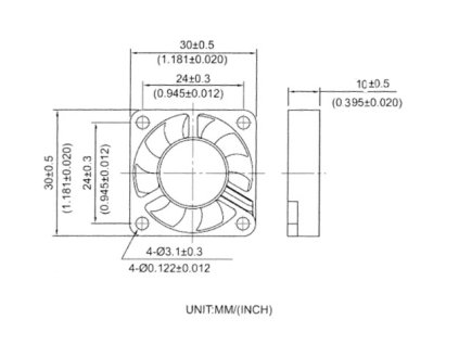 Ventilátor 30x30x10mm 24V