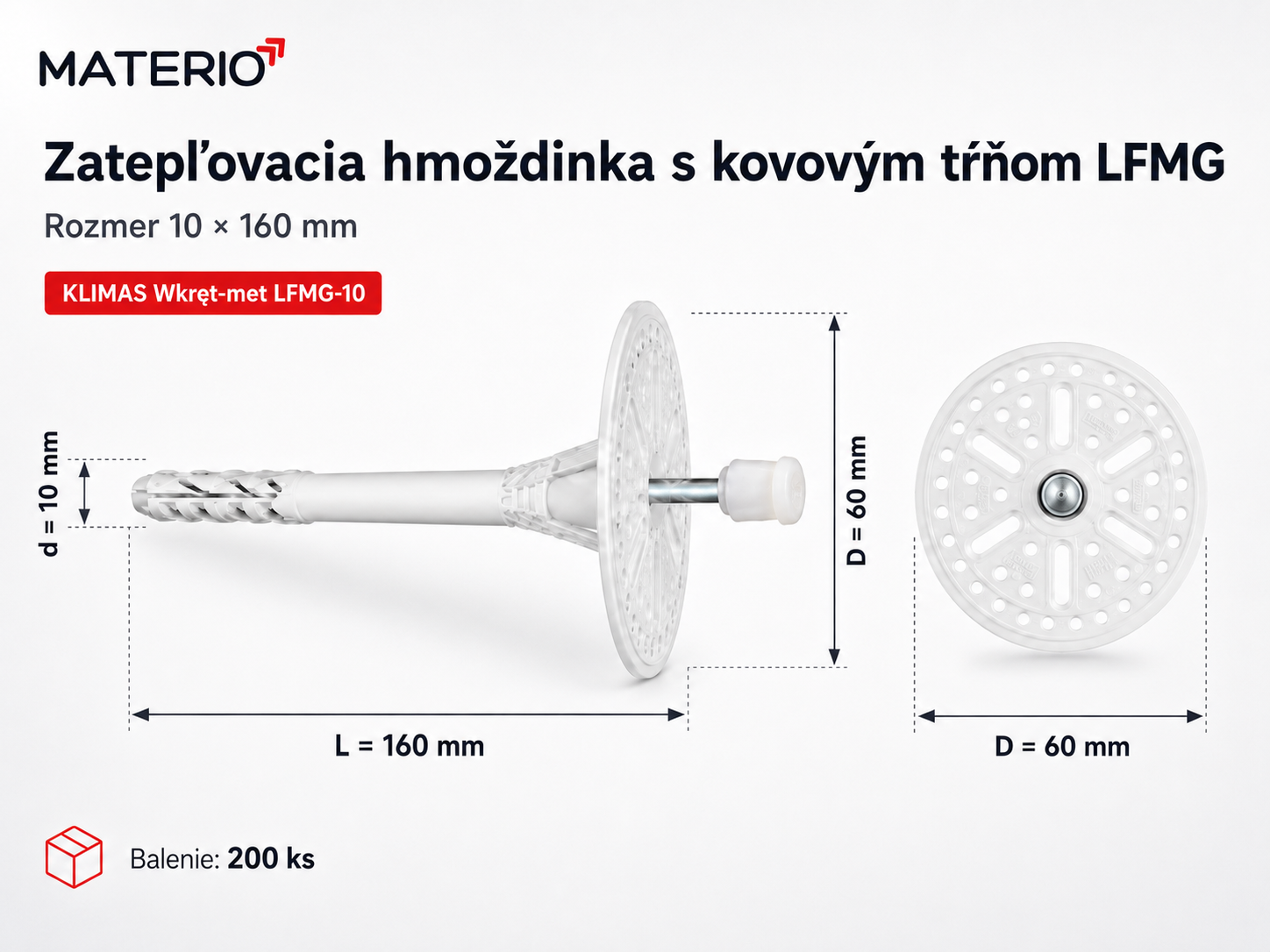 Zatepľovacia fasádna hmoždinka KLIMAS Wkret-met LFMG-10 10×160 mm s kovovým tŕňom, tanierom 60 mm a predĺženou expanznou zónou