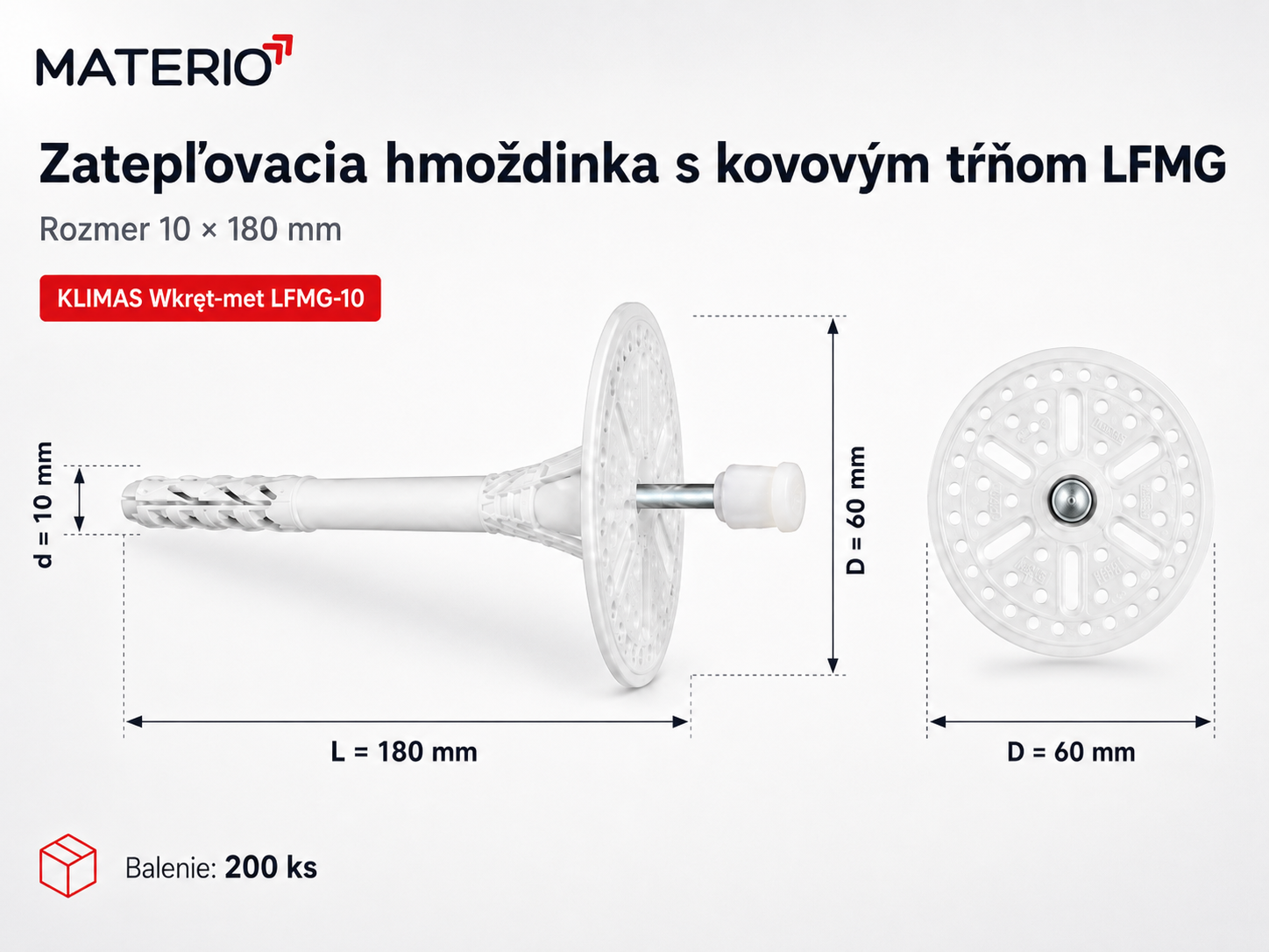 Zatepľovacia fasádna hmoždinka KLIMAS Wkret-met LFMG-10 10×180 mm s kovovým tŕňom, tanierom 60 mm a predĺženou expanznou zónou