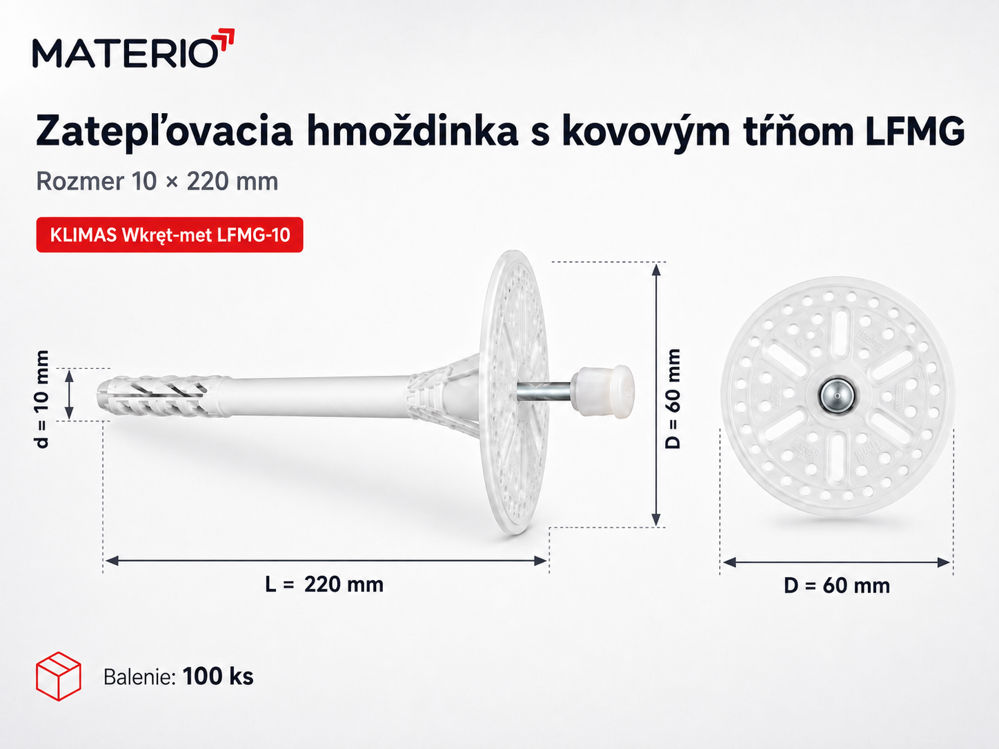 Zatepľovacia fasádna hmoždinka KLIMAS Wkret-met LFMG-10 10×220 mm s kovovým tŕňom, tanierom 60 mm a predĺženou expanznou zónou