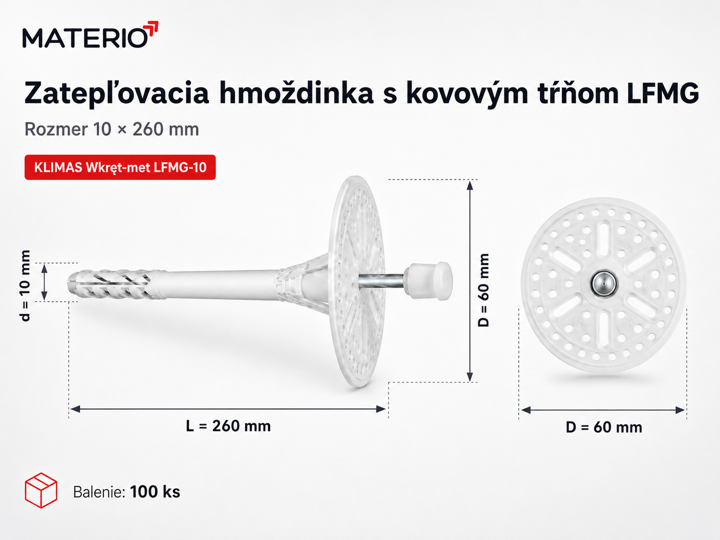 Zatepľovacia fasádna hmoždinka KLIMAS Wkret-met LFMG-10 10×260 mm s kovovým tŕňom, tanierom 60 mm a predĺženou expanznou zónou