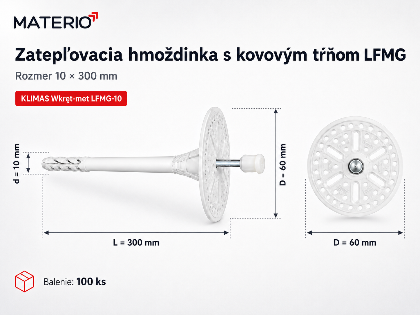 Zatepľovacia fasádna hmoždinka KLIMAS Wkret-met LFMG-10 10×300 mm s kovovým tŕňom, tanierom 60 mm a predĺženou expanznou zónou