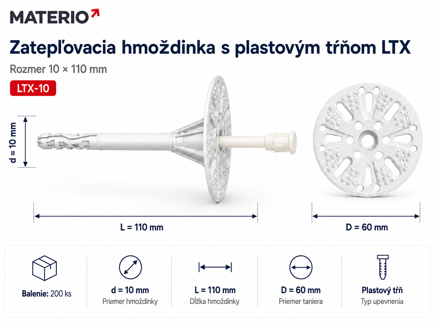Technický nákres zatepľovacej hmoždinky LTX-10 10×110 mm s plastovým tŕňom