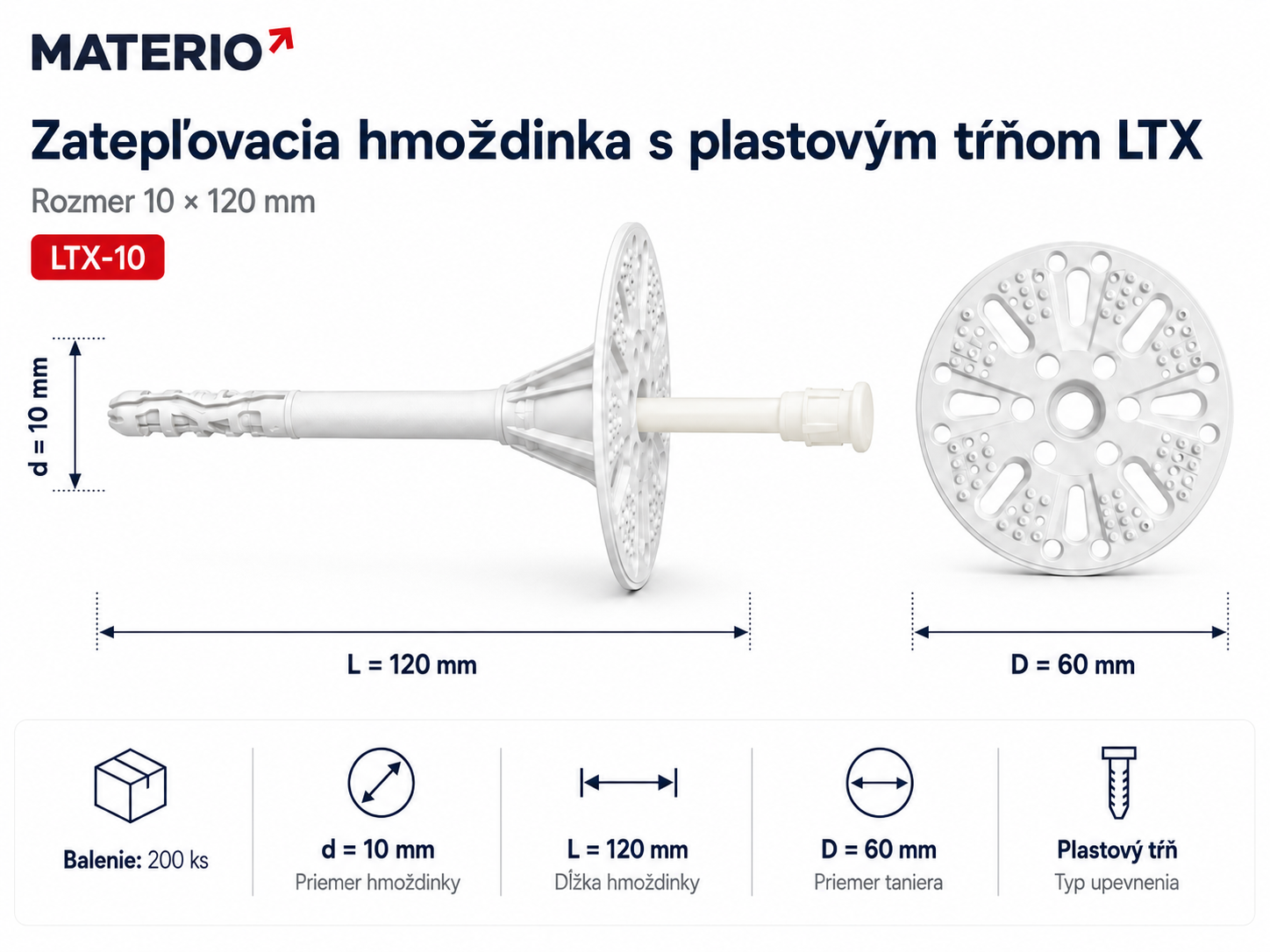 Technický nákres zatepľovacej hmoždinky LTX-10 10×120 mm s plastovým tŕňom