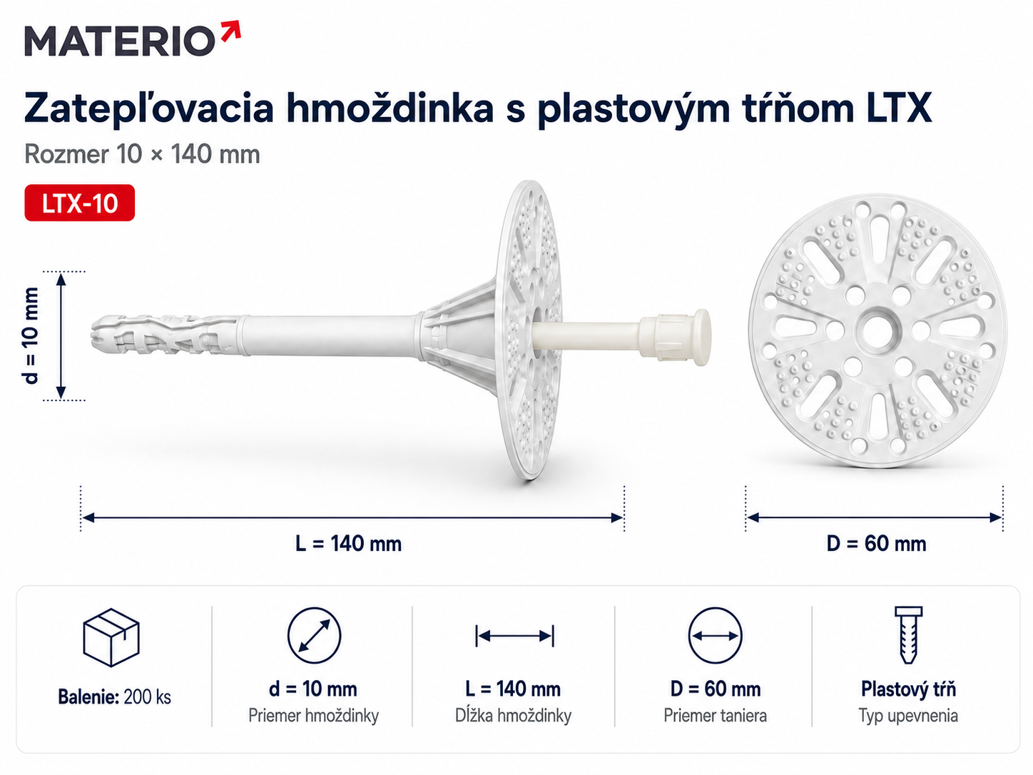 Technický nákres zatepľovacej hmoždinky LTX-10 10×140 mm s plastovým tŕňom