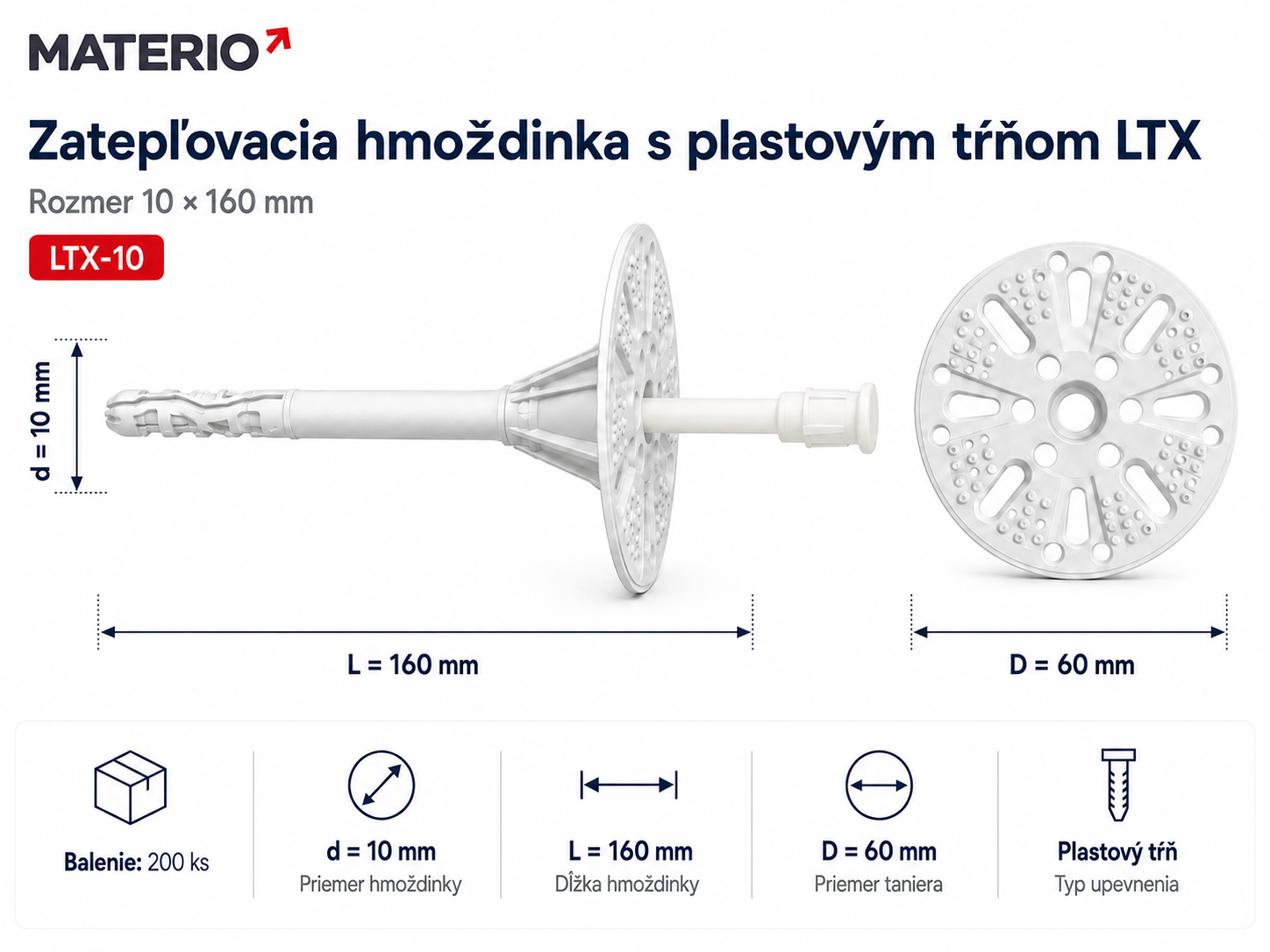 Technický nákres zatepľovacej hmoždinky LTX-10 10×160 mm s plastovým tŕňom