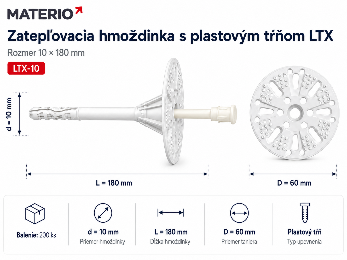 Technický nákres zatepľovacej hmoždinky LTX-10 10×180 mm s plastovým tŕňom
