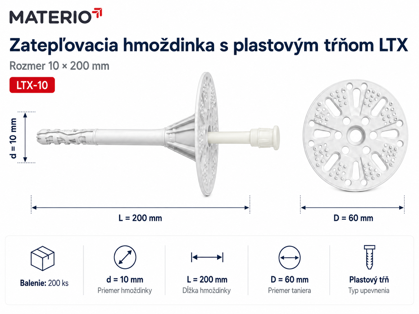 Technický nákres zatepľovacej hmoždinky LTX-10 10×200 mm s plastovým tŕňom