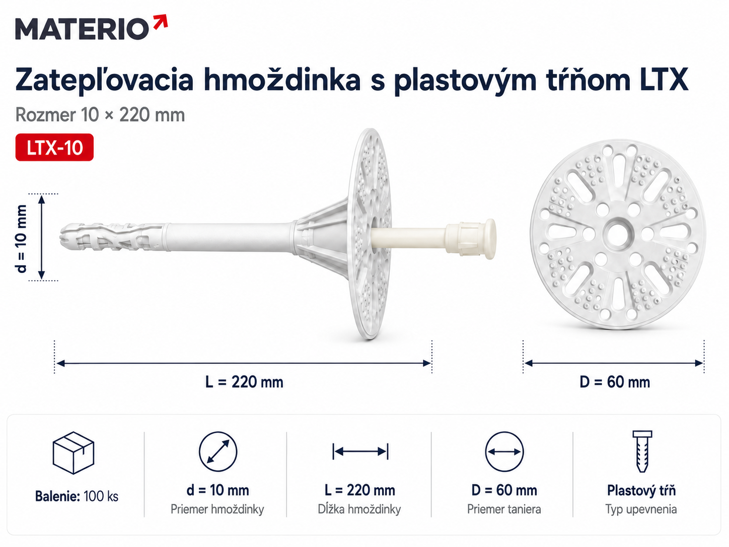 Technický nákres zatepľovacej hmoždinky LTX-10 10×220 mm s plastovým tŕňom