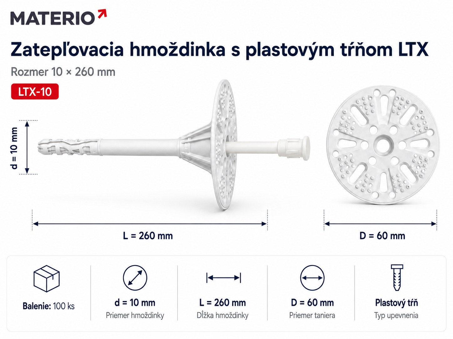 Technický nákres zatepľovacej hmoždinky LTX-10 10×260 mm s plastovým tŕňom
