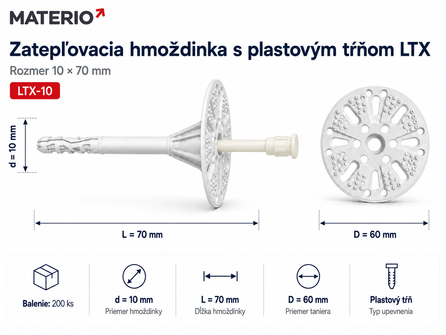 Technický nákres zatepľovacej hmoždinky LTX-10 10×70 mm s plastovým tŕňom