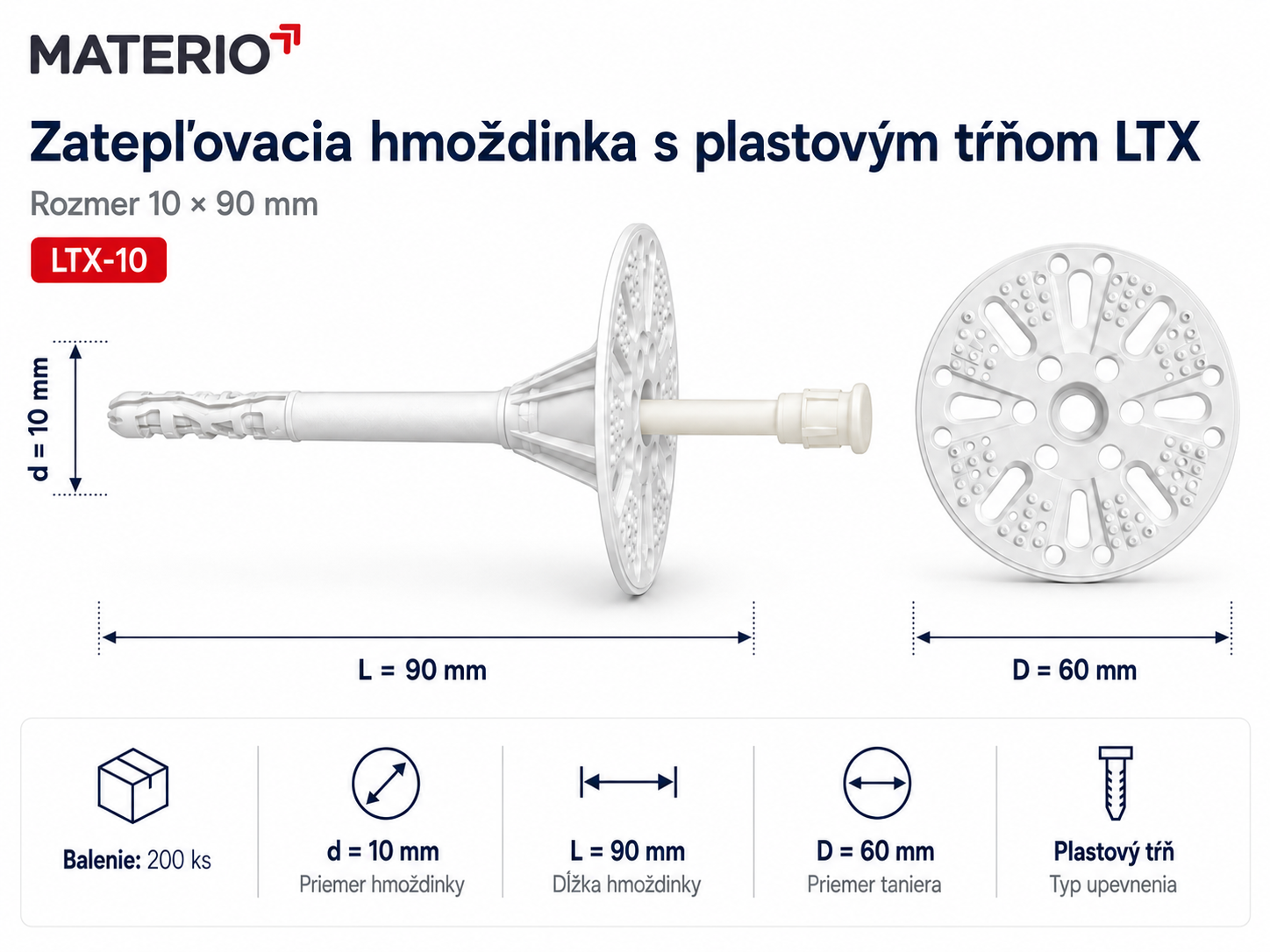 Technický nákres zatepľovacej hmoždinky LTX-10 10×90 mm s plastovým tŕňom