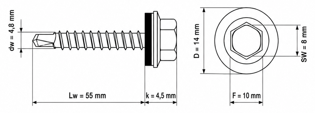 Technický nákres farmárskej skrutky Klimas Wkręt-met WFDOC 4,8 × 55 mm s EPDM podložkou