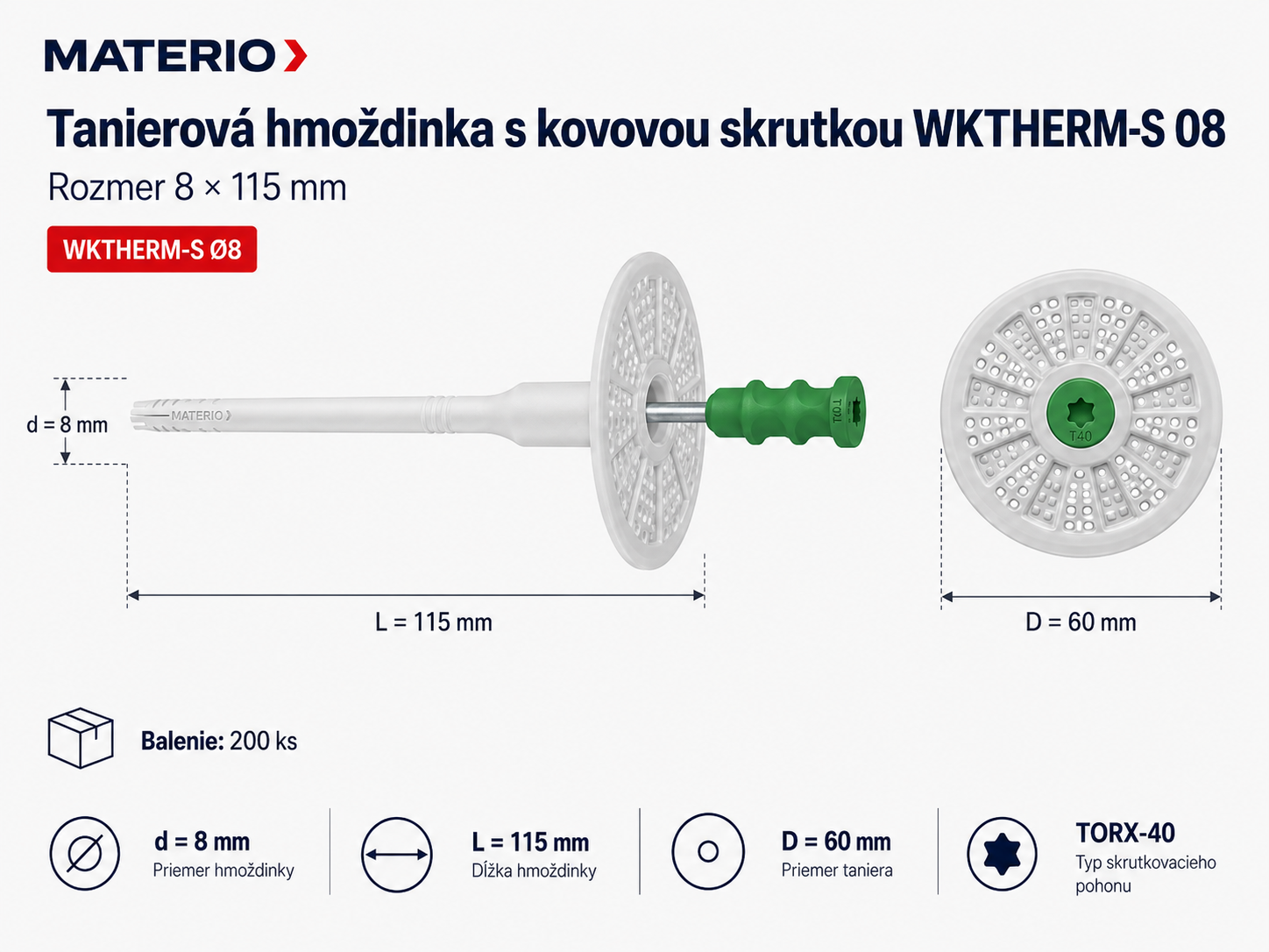 Technický nákres tanierovej hmoždinky WKTHERM-S 08 8×115 mm s kovovou skrutkou a tanierom 60 mm