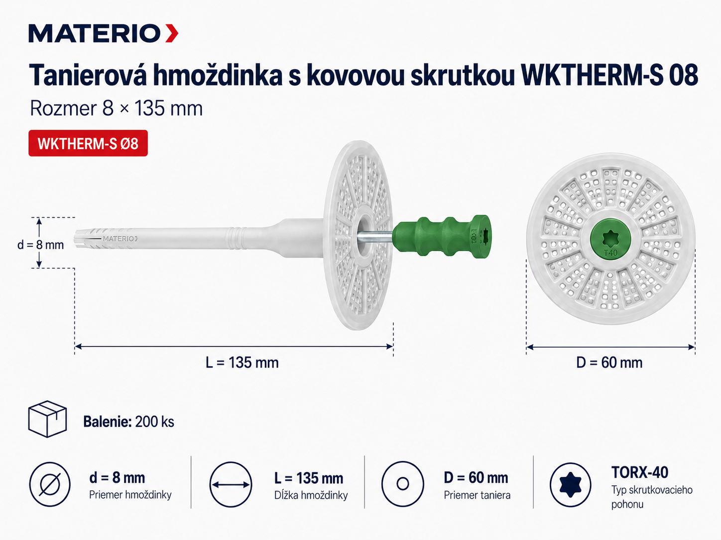 Technický nákres tanierovej hmoždinky WKTHERM-S 08 8×135 mm s kovovou skrutkou a tanierom 60 mm