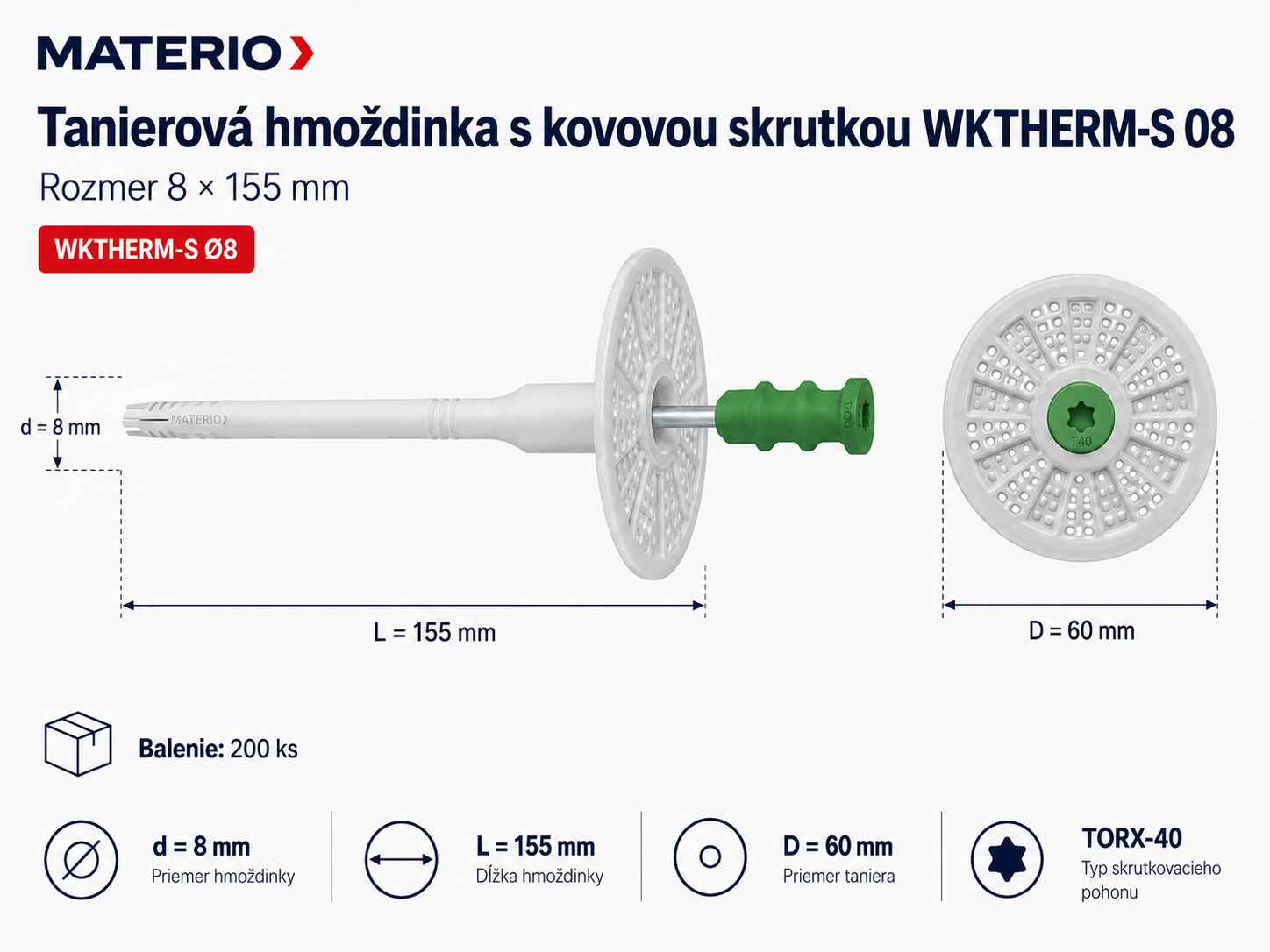 Technický nákres tanierovej hmoždinky WKTHERM-S 08 8×155 mm s kovovou skrutkou a tanierom 60 mm
