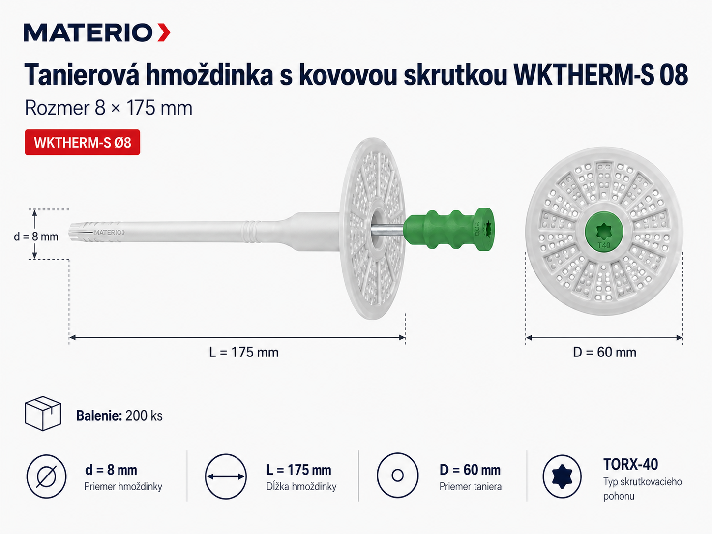 Technický nákres tanierovej hmoždinky WKTHERM-S 08 8×175 mm s kovovou skrutkou a tanierom 60 mm