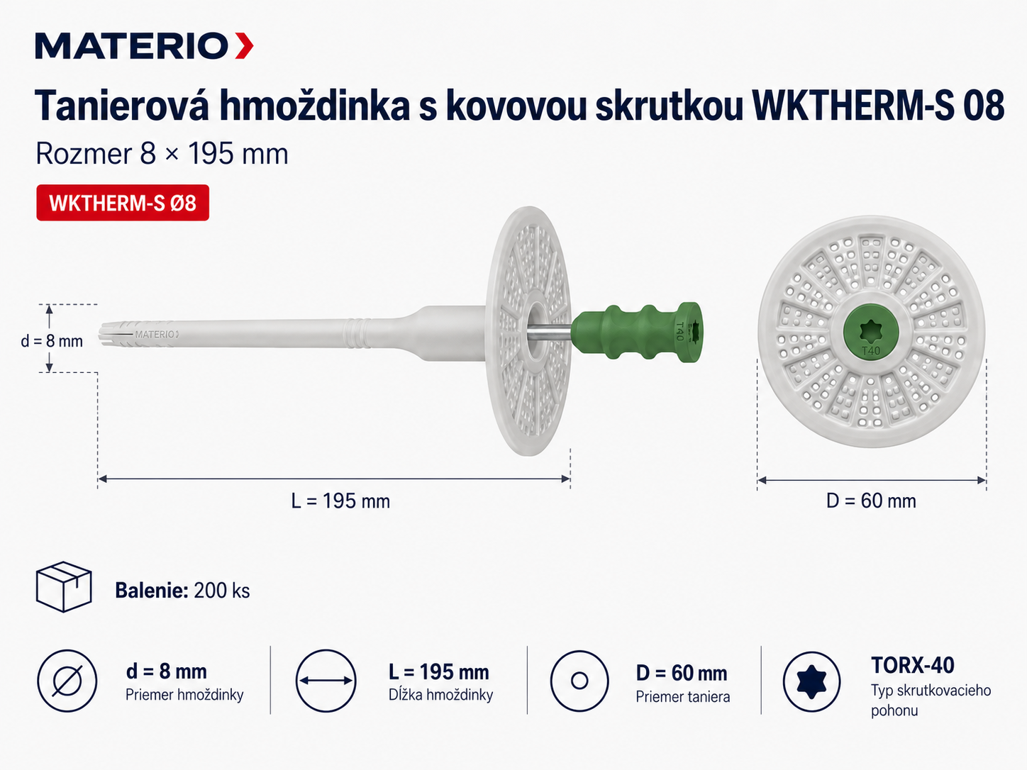 Technický nákres tanierovej hmoždinky WKTHERM-S 08 8×195 mm s kovovou skrutkou a tanierom 60 mm