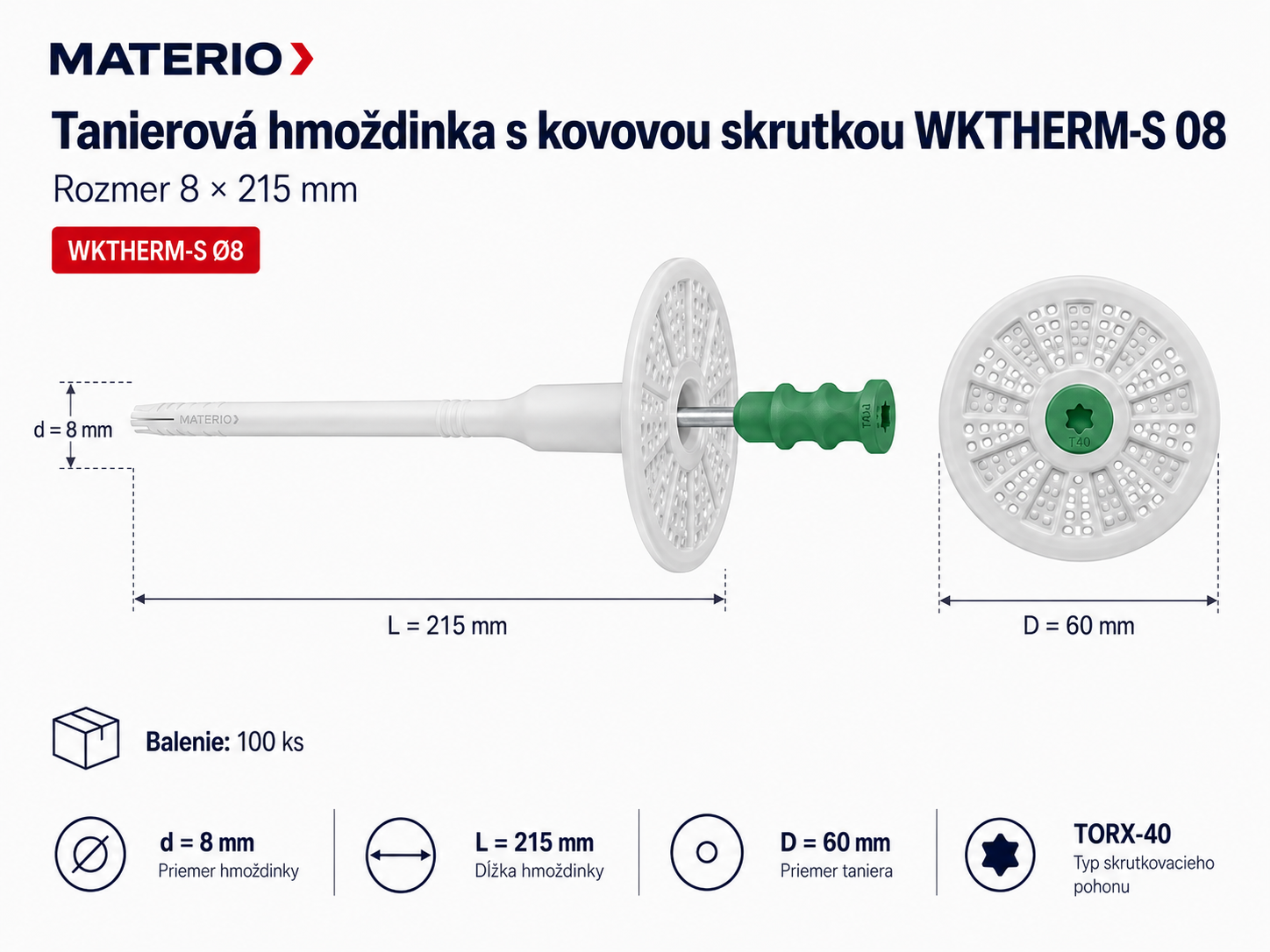 Technický nákres tanierovej hmoždinky WKTHERM-S 08 8×235 mm s kovovou skrutkou a tanierom 60 mm