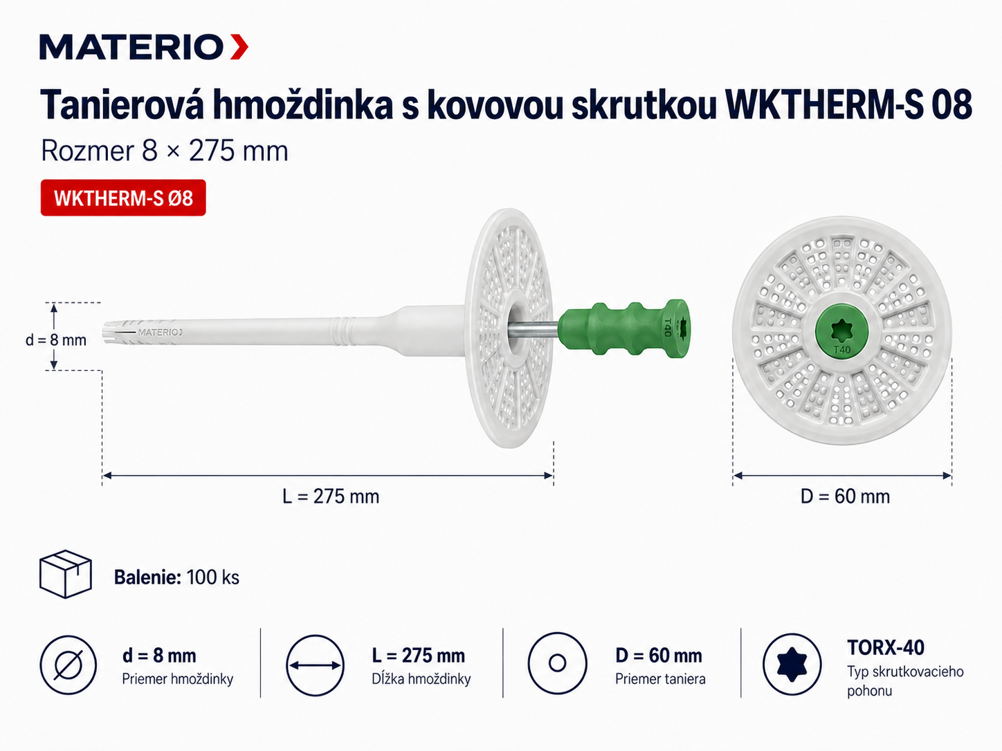 Technický nákres tanierovej hmoždinky WKTHERM-S 08 8×275 mm s kovovou skrutkou a tanierom 60 mm