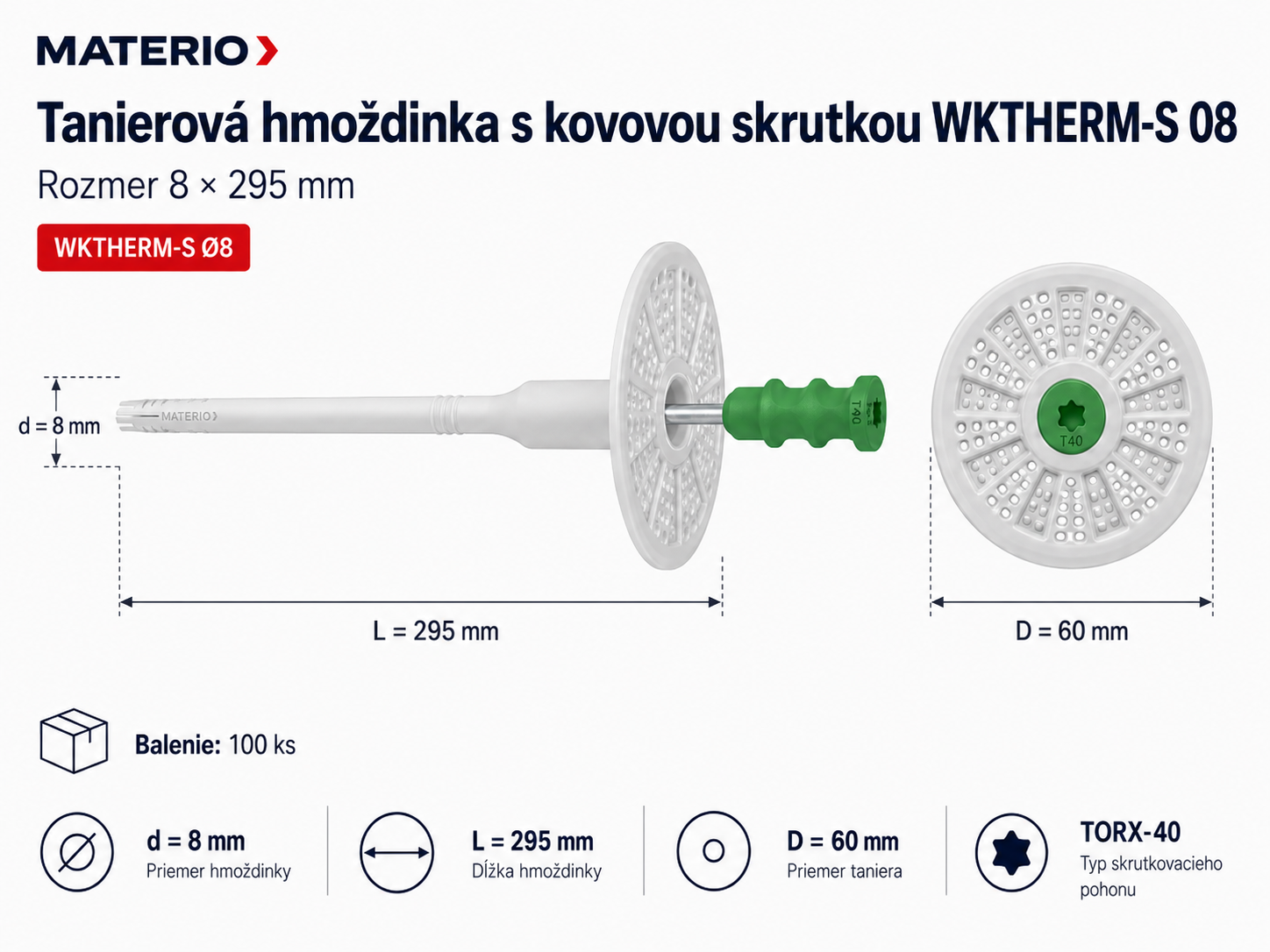 Technický nákres tanierovej hmoždinky WKTHERM-S 08 8×295 mm s kovovou skrutkou a tanierom 60 mm