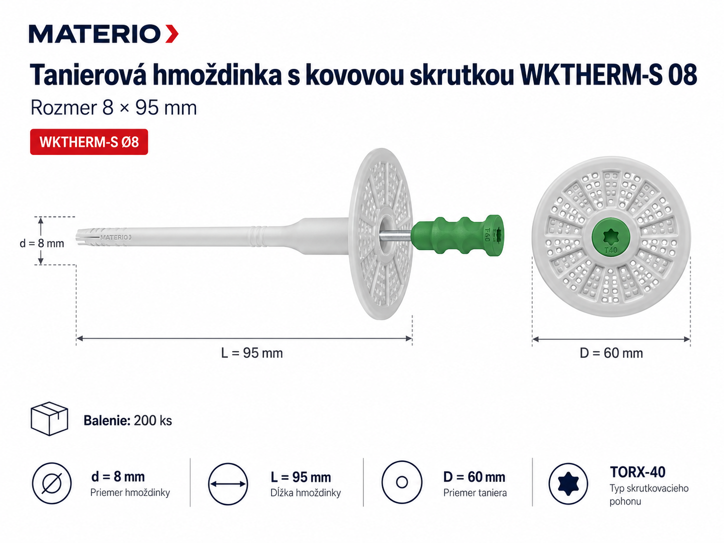 Technický nákres tanierovej hmoždinky WKTHERM-S 08 8×95 mm s kovovou skrutkou a tanierom 60 mm
