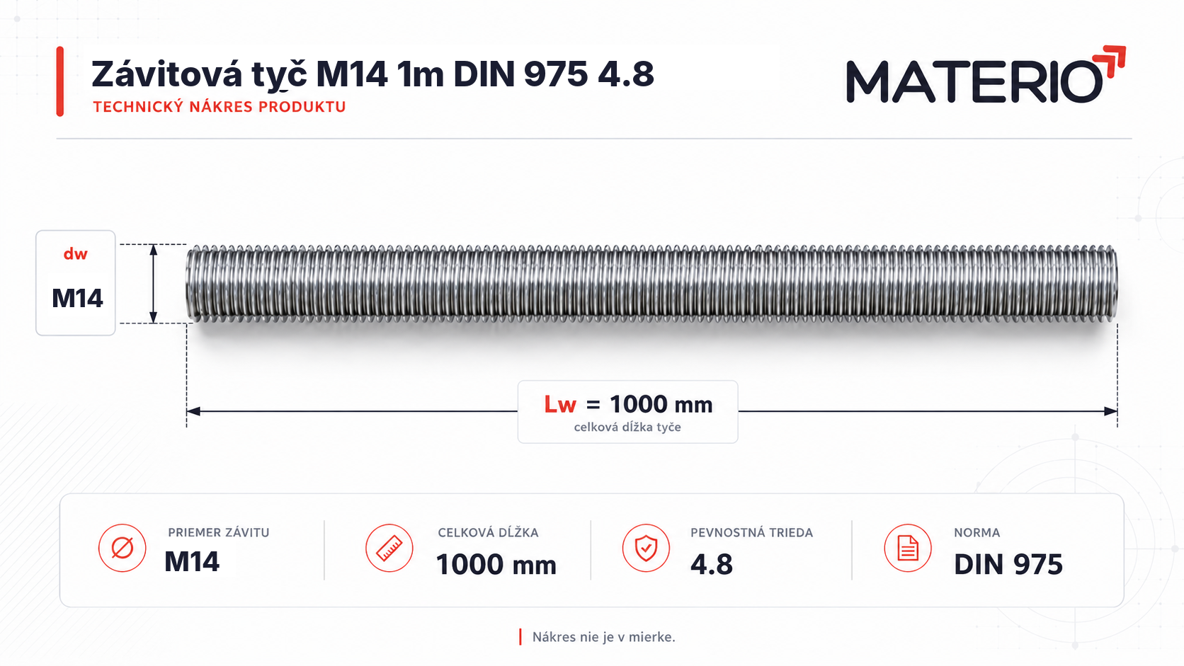 Technický nákres závitovej tyče M14 s dĺžkou 1000 mm, pevnostnou triedou 4.8 a normou DIN 975