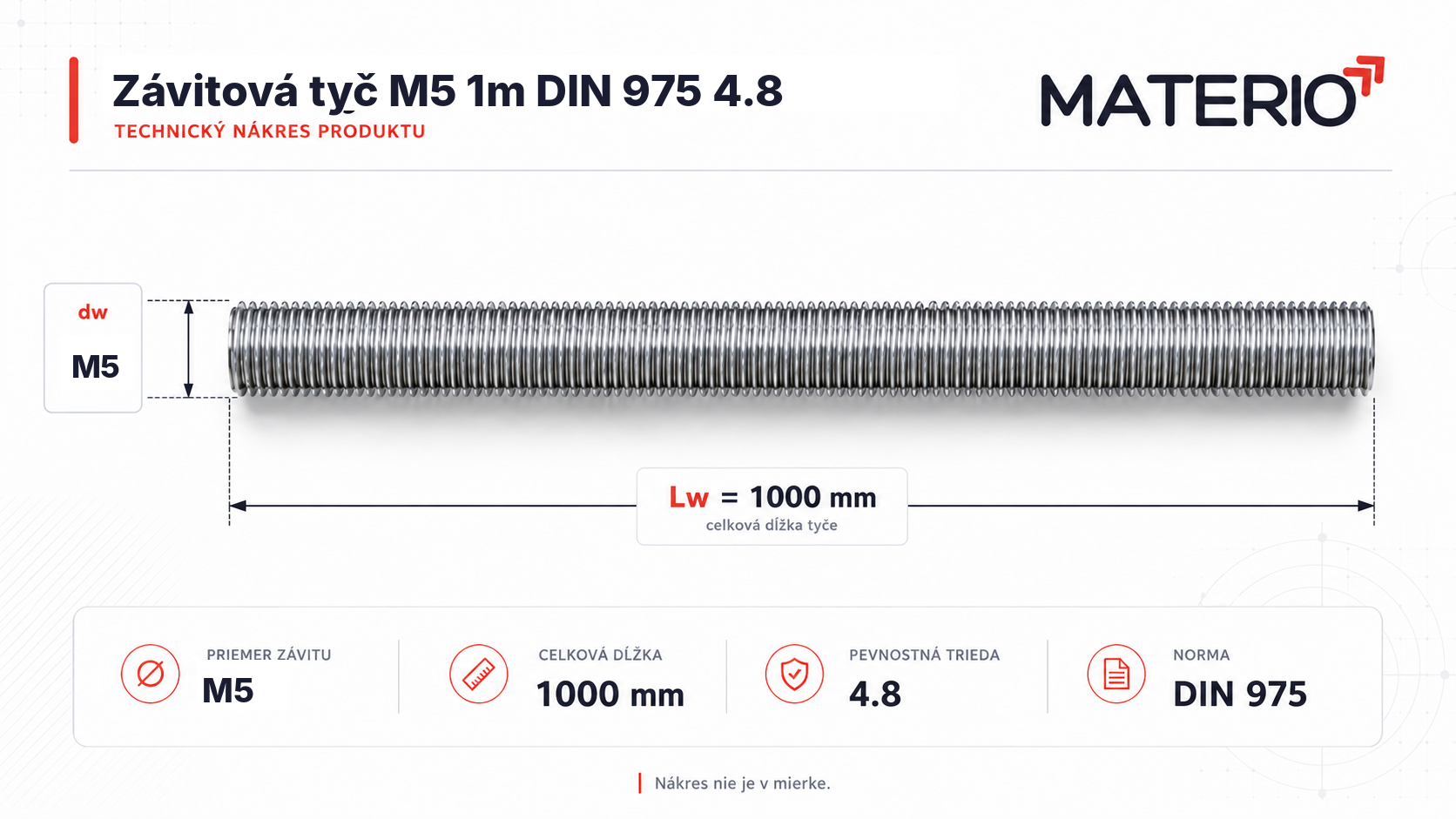 Technický nákres závitovej tyče M5 s dĺžkou 1000 mm, pevnostnou triedou 4.8 a normou DIN 975