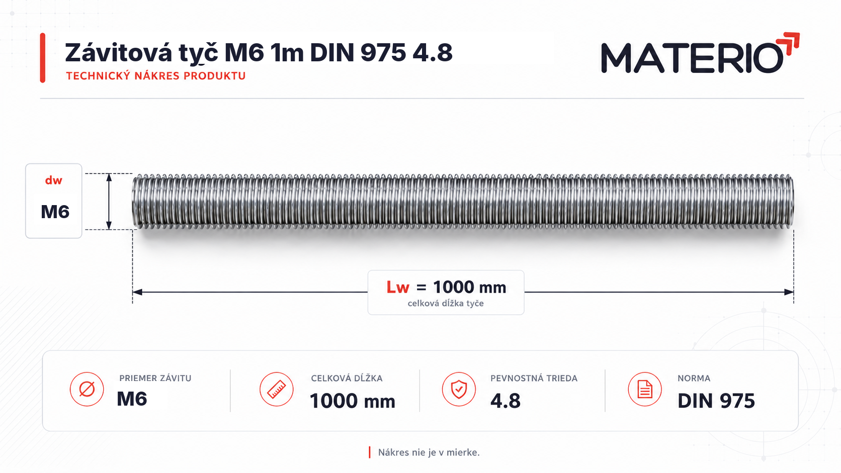Technický nákres závitovej tyče M6 s dĺžkou 1000 mm, pevnostnou triedou 4.8 a normou DIN 975
