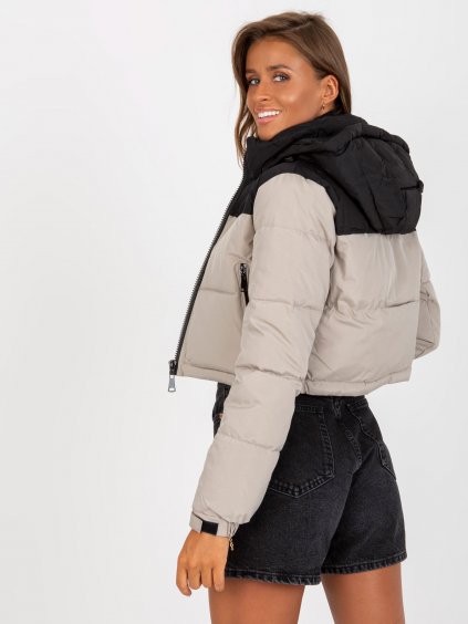 Černo-béžová dámská krátká zimní bunda s kapucí