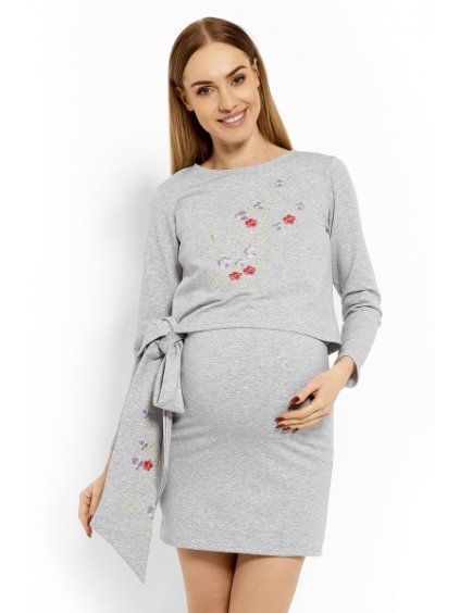 Be MaaMaa Elegantní těhotenské šaty, tunika s výšivkou a stuhou - sv. šedé (kojící)
