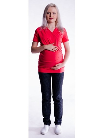 Be MaaMaa Těhotenské a kojící triko s kapucí, kr. rukáv - červené