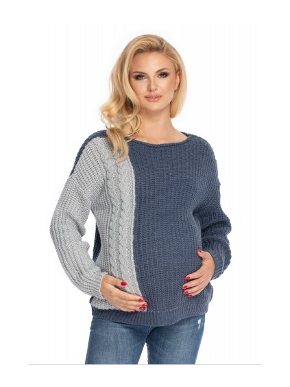 Těhotenský svetr, pletený vzor - jeans/šedá, vel. UNI