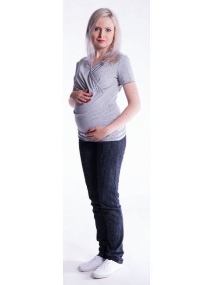 Be MaaMaa Těhotenské a kojící triko s kapucí, kr. rukáv - šedý melír