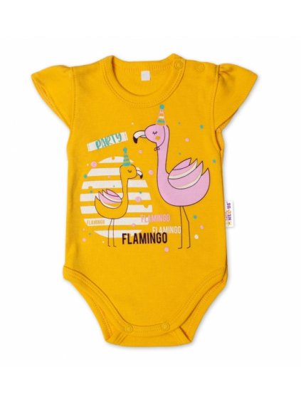 Baby Nellys Bavlněné kojenecké body, kr. rukáv, Flamingo - hořčicové