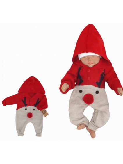 Z&Z Dětský pletený Vánoční overálek s kapucí a knoflíčky Baby Sob, červený
