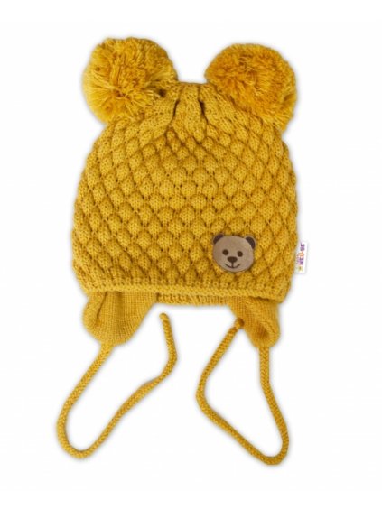 Zimní pletená čepice Teddy Bear na zavazování, hořčicová, Baby Nellys