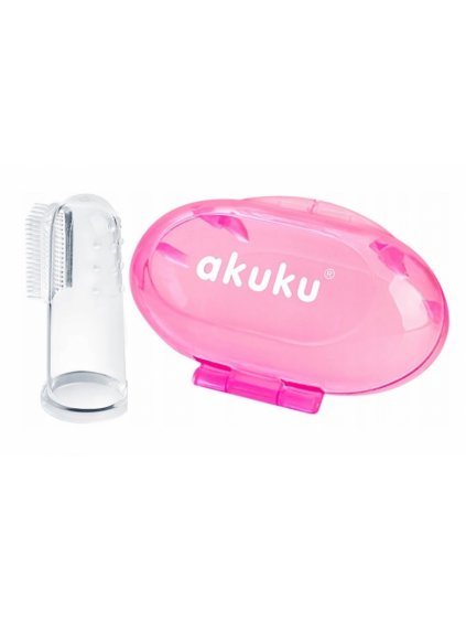 Zubní kartáček pro miminka, silikonový s pouzdrem - růžový, Akuku