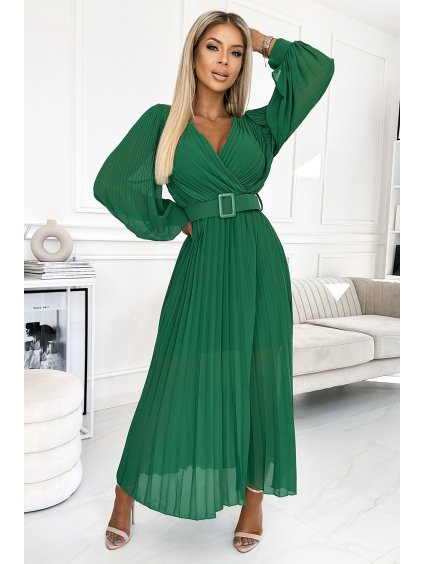 KLARA plisované šaty s páskem a výstřihem - zelené - 414-3