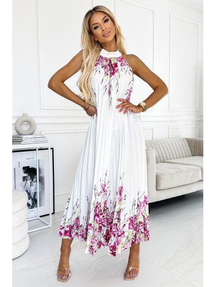 229863 ester plisovane satenove maxi saty bile s ruzovymi kvety numoco