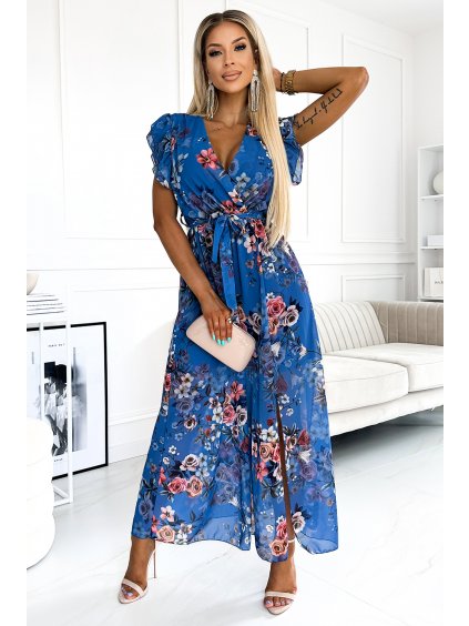 ARIA Dlouhé šaty s výstřihem a krátkými rukávy - modré s květy - Numoco