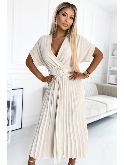 237632 felicia plisovane midi saty s vystrihem a sirokym paskem bezove numoco