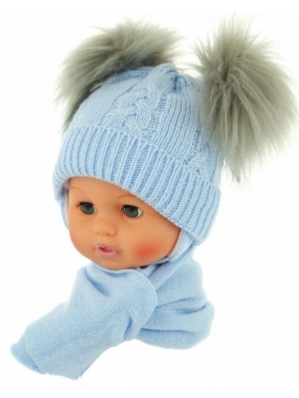 BABY NELLYS Zimní čepička s šálou - chlupáčkové bambulky - sv. modrá
