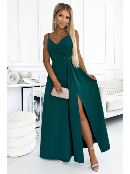 CHIARA elegantní maxi dlouhé šaty na ramínka - zelené - NUMOCO