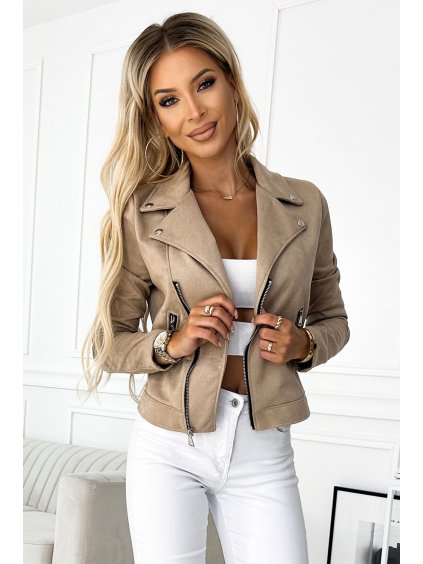 242559 damska semisova bunda s dlouhymi rukavy a zipy bezova numoco