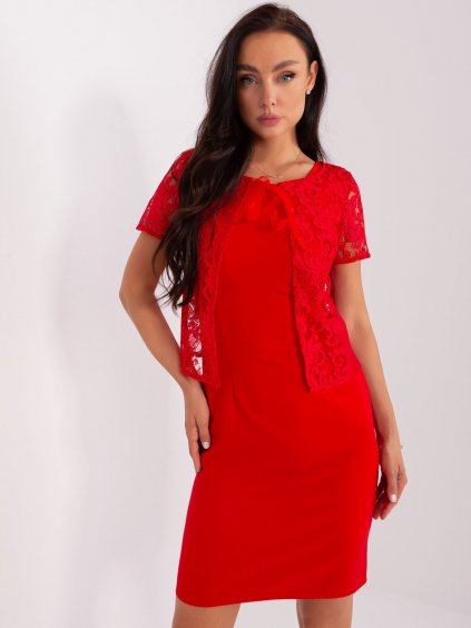 Pouzdrové, červené, koktejlové šaty s krajkou - LAKERTA