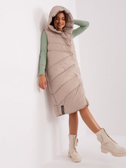 Béžová dámská dlouhá prošívaná vesta s kapsami a kapucí-  SUBLEVEL