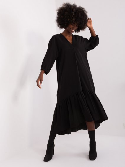 Černé volné šaty s volánem a dlouhými rukávy - ZULUNA